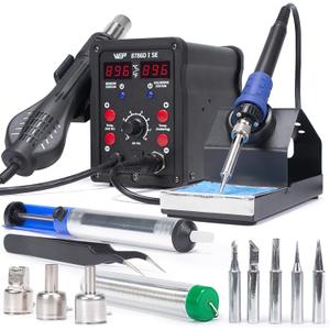 WEP 8786DI SE Hot Air Soldering Iron Station Kit 2IN1 for Rework, Desoldering with LeadFree Solder Wire, 5 Soldering Tips, 3 Hot Air Nozzles,Tweezers, Desoldering Pump