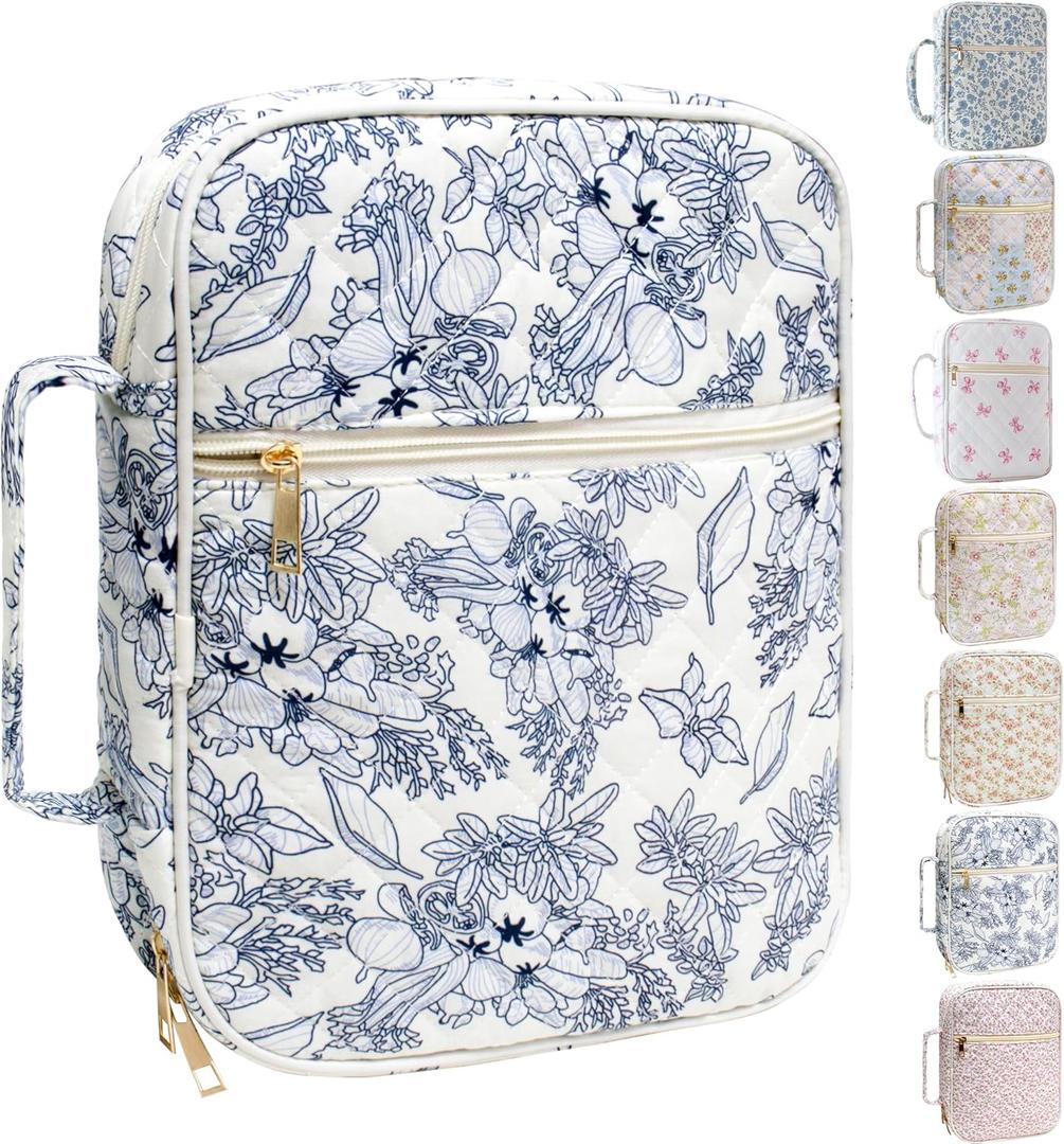 Bible Cover for Women, Large Quilted Case with Handle, Durable Bag and Carrying Case for Girls, Study Supplies Accessories, Christian Gift for Women (Big Blue Flower, Large)