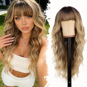 Ombre Blonde Wig with Bangs Long Wavy Wig Curly Wigs for White Women 26 Inches Synthetic Wig Dirty Blonde Wig with Dark Roots Natural Looking Hair Replacement Wigs for Women Holiday Daily Party Use