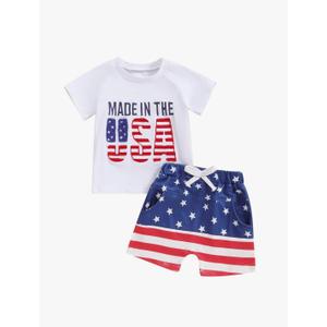 4th of July Baby Boy Outfit Letter Flag Embroidery T-Shirt Top and Shorts Set 2 Piece July Fourth Clothes Set 0-6M