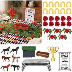 Riceshoot 36 Pcs Derby Party Table Decorations Set Horse Racing Table Decor-tablecloth Artificial Grass Horses Figurines Wooden Box Trophy Roses for Rodeo Western Decor Home Dining Supplies