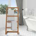 AquaTeak Patented 44"" Sula Teak Free Standing Towel Rack - 4-Rung Angled Hand Towel Holder for Bathroom - Durable Water Resistant Shower Organizer & Drying Rack, Non-Slip Rubber Feet