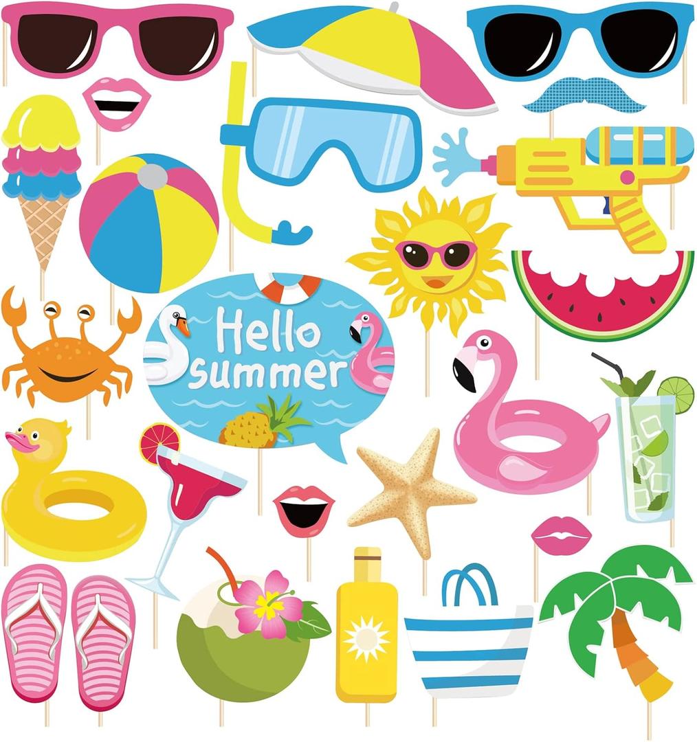 25Pcs Pool Photo Booth Props with Stick, Beach Summer Pool Party Decorations, Hawaiian Party Decorations Funny Selfie Photo Booth Props for Summer Hawaii Party Birthday