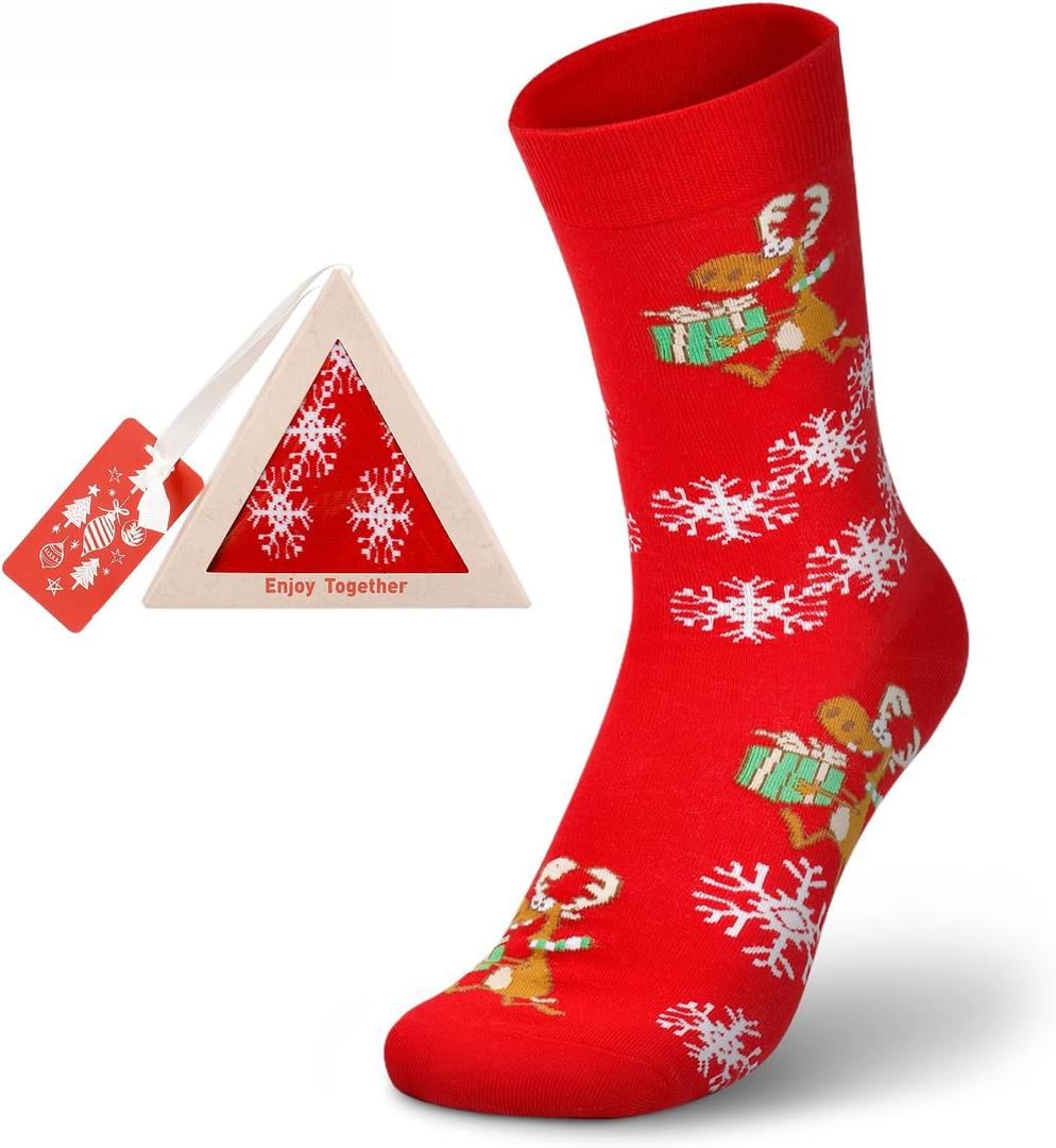 Christmas Socks Cute Cotton Holiday Vrew Socks Funky Mid Calf Socks with Exquisite Triangular Gift Box