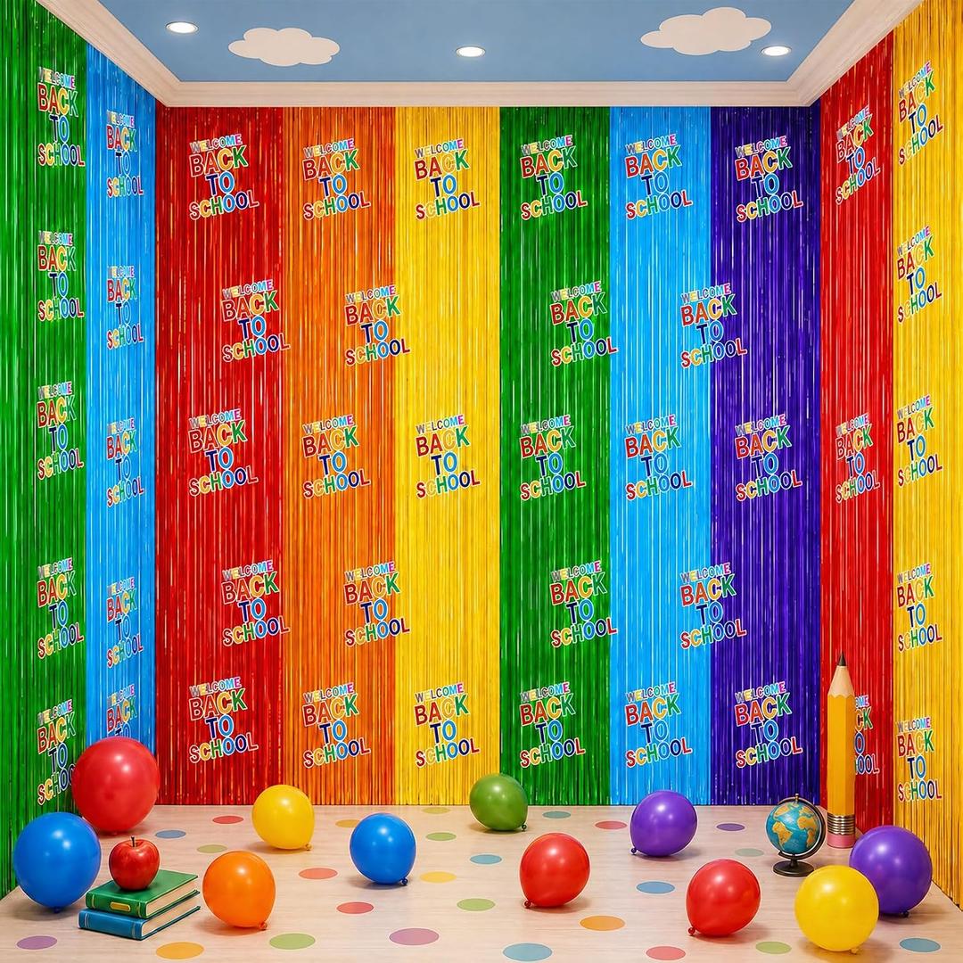 4 Pack Back to School Party Decorations 3.3x6.6ft Rainbow Foil Fringe Curtain Backdrop Colorful Metallic Tinsel Streamers for Preschool Kindergarten School Classroom Photo Booth Props Wall Decor