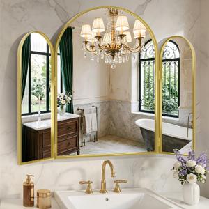 GLASHOM Trifold Vanity Mirror for Bathroom, 36x48 Inch Arched 3 Way Mirror with Gold Metal Frame, Tri fold Decorative Mirror Wall Mounted or Tabletop for Bedroom, Living Room, Makeup, Braiding Hair