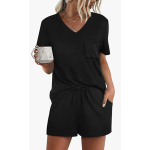 RUBZOOF Women's Short Sleeve Pajama Sets with Pockets Casual V Neck 2 Piece Lounge Sets, size 2XL