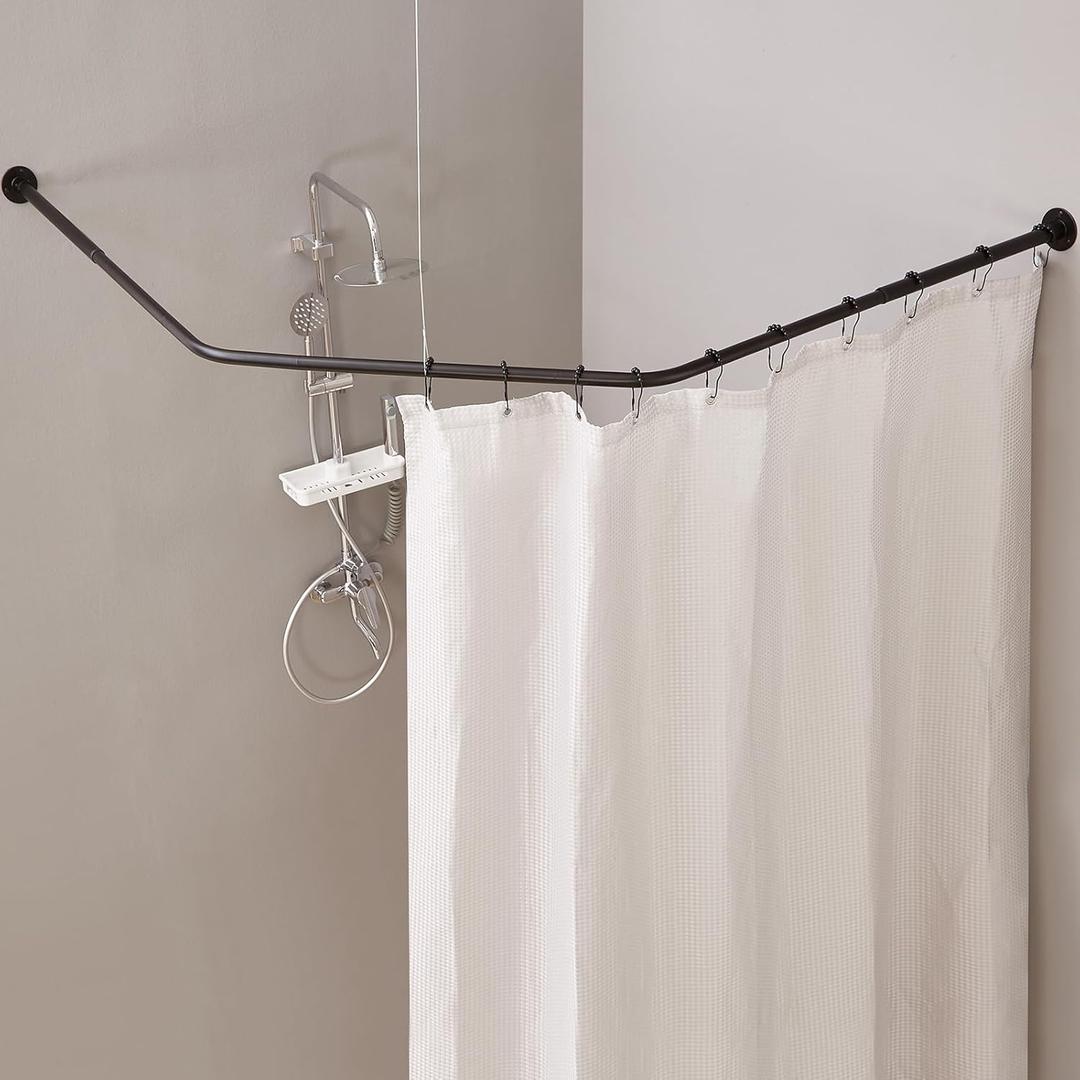Corner Shower Curtain Rod, Diamond Shaped [Both Sides: 22" - 34.8", Middle: 28" - 43.7"] Adjustable Bathroom Bathtub Shower Rod with 12 Hooks & Ceiling Support (Matte Black)