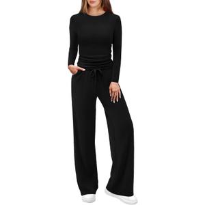 WIHOLL Lounge Sets for Women 2 Piece Vacation Outfits Long Sleeve Tops with Side Ruched Wide Leg Pants Matching Sets (Small)
