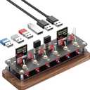 Walnut Cyberpunk USB Docking Station for Independent Switch Control, 6 Port USB2.0 Hub,USB Splitter Expander,USB/SD/TF Card Storage Box,Retro USB Desktop PC Controller-F062