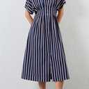 Women's Striped Button Front Pleated Maxi Shirt Dress Short Sleeve Collar V Neck Summer Casual Corset Long Dress (Blue, XL)