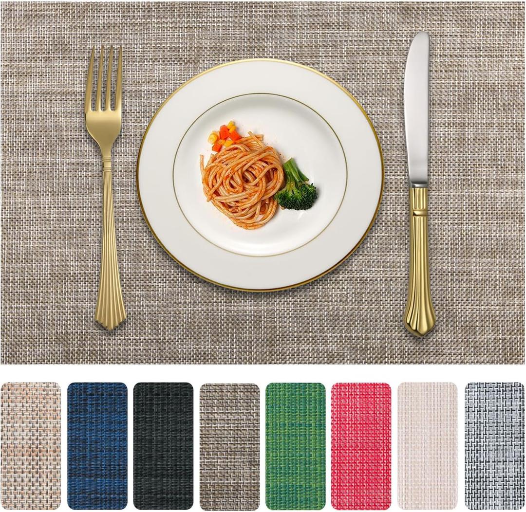 Vinyl Placemats Set of 8, PVC Woven Washable Non-Slip Table Mats, Heat Resistant Wrinkle Free Place Mats for Dining Table, Easy to Clean (8, Cappuccino)