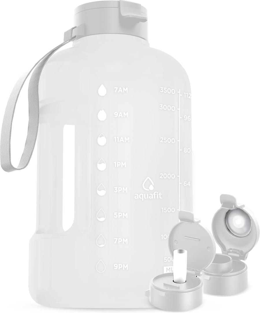 AQUAFIT 1 Gallon Water Bottle with Time Marker - Straw & Chug Lid - BPA Free Gym Water Bottle with Straw - Big Gallon Jug (Frosty, 128 oz - 2 Lids)