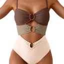 Eomenie One Piece Swimsuit for Women Ring Linked Monokini Sexy Bathing Suit Cutout Swim Suit (Size XX-Large, Brown Color Block)