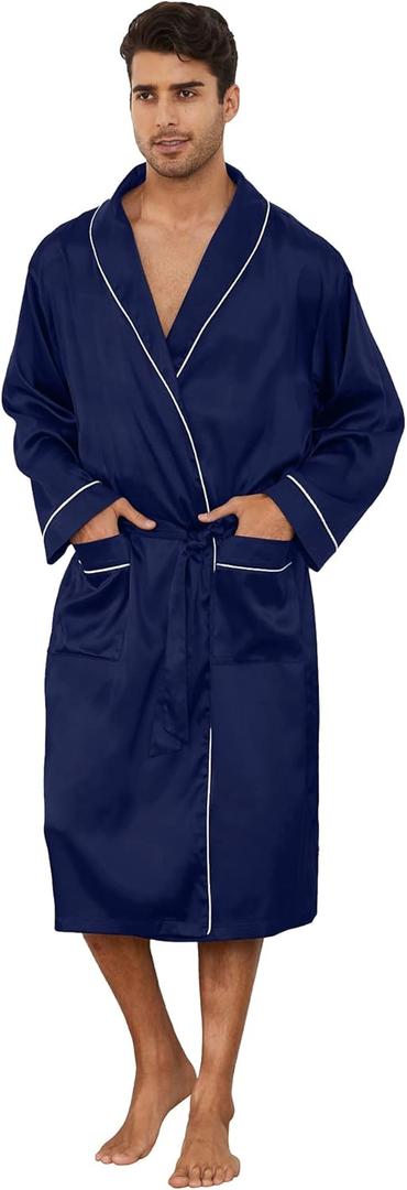 Vulcanodon Mens Satin Robe Lightweight,Men's Luxurious Silk Kimono Bathrobe (XX-Large-3X-Large, Navy)