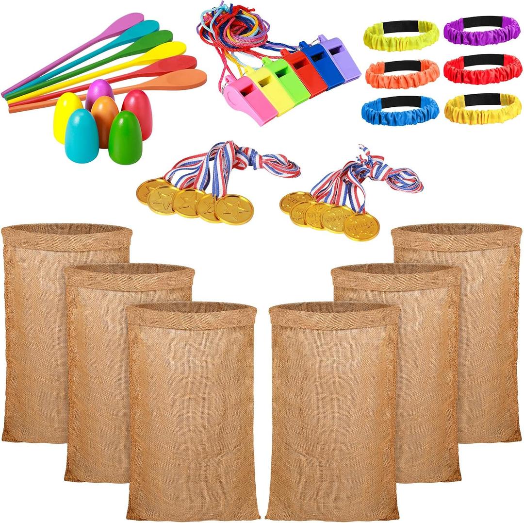 40 Pieces Outdoor Carnival Game Set Includes 6 Potato Sack Race Bags, 6 Egg and Spoon Race Game, 6 Legged Race Bands Egg Hunt Family Gathering Party Favor, 6 Whistles and 10 Medals for The Game
