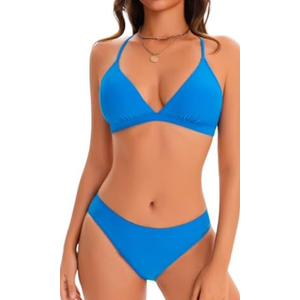 Women Sexy Brazilian Bikini Sets 2 Piece Cheeky Triangle Bikini V Neck Swimsuit high Cut Thong Bottom, Blue, Large