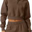 QINSEN Womens Half Zip Crop Sweatshirt High Neck Long Sleeve Pullover Cropped Top (Large, Chestnut)
