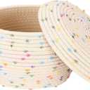 Sea Team Round Cotton Rope Storage Basket with Lid, Colorful Rainbow Pompom Woven Storage Bin, Pot, Caddy, Organizer, Container for Snacks, Towels, Plants, 10 x 7.5 Inches (Small, Rainbow)