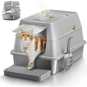 Stainless Steel Cat Litter Box with Lid, XL Large Enclosed High Sided Litter Box with Removable Lid, Carbon Filters -Odor Free, Easy Cleaning, Anti-Urine Leakage for Big Cats/Multiples-Grey