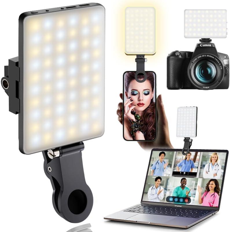 60 LED Portable Selfie Light Video Conference Lighting with Clip & Camera Tripod Adapter Rechargeable 2000mAh CRI 97+, 3 Light Modes for Phone iPhone Webcam Laptop Photo Makeup (Black)