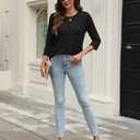 Womens Tops 3/4 Length Sleeve Round Neck Casual Loose Fit Tunic Tops Basic Pleated Shirts 2025 (Black, XL)