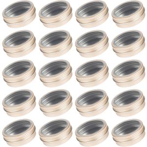 Art Secret 24 Pack 2 Ounce Screw Top Aluminum Tin Jar with Screw Clear Lid and Blank Labels, Refillable 60ml Metal Containers for Lip Balms, Candles, Salves, Spices, Crafts (Champagne)