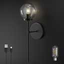 C03 Battery Operated Wall Sconce No Wired Rechargeable Wall Lamp with Clear Glass Shade Easy to Install Cordless Wall Light Fixtures for Bathroom Hallway Kitchen Mirror Black(Bulb Included) (Minimalist - Globe Glass)