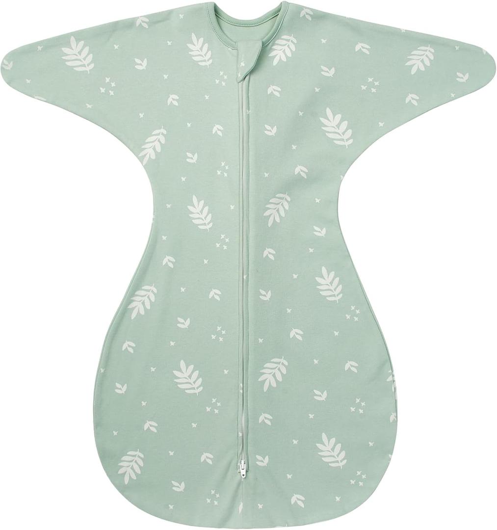 ZIGJOY Baby Transitional Swaddles for Newborns: 0.5 Tog Arms Up Sleep Sack 3-6 Months Soft Cotton Shark Fin 2 Way Zipper (Leaf)