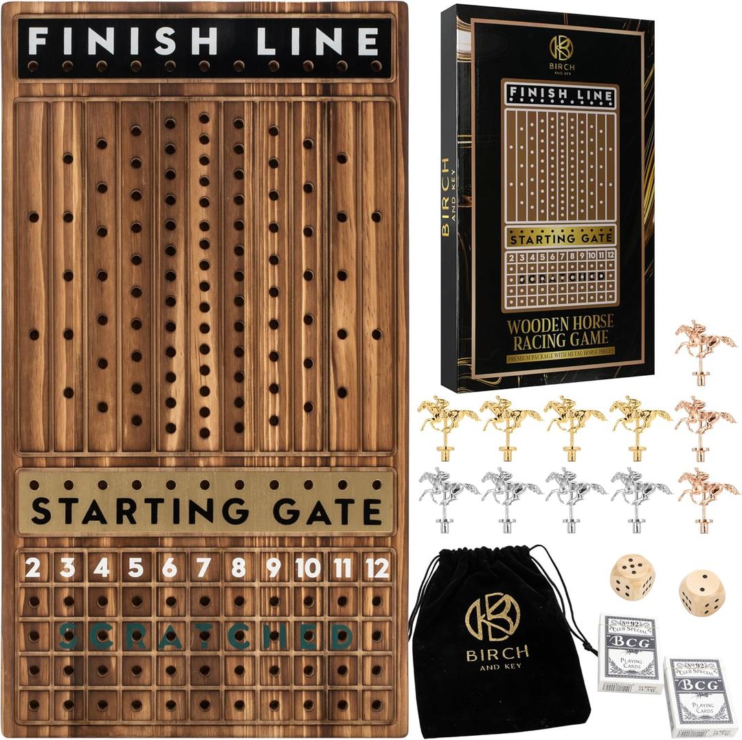 Horse Race Board Game Racing Game - Solid Wood Race Game Board with Dice, 2 Playing Card Decks, and Suede Carry Bag - Large 21 x 12 inch Horse Racing Board Game with 11 Premium Metal Horses