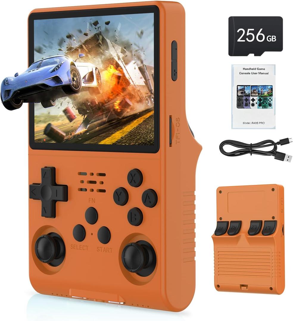 FVBADE【30000 in 1】 R40S Pro Retro Handheld Game Console, 3.5 inch IPS Screen, More Than 20 Emulator, 256G TF Card (Orange)