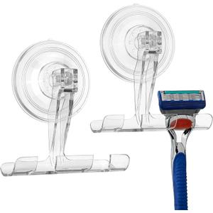 ANDGOO Suction Cup Razor Holder for Shower, 2 Pack Powerful Suction Cup Hooks for Towel, Loofah, Shaver, Wreaths, No-Damage Wall Hanger for Bathroom, Kitchen, No Drilling, Easy Install, Clear