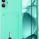MZELQ TPU Wallet Compatible with iPhone 17 Case 2025, Card Holder Camera Protection Cover + Screen Protector, Push-able Slot for Girls Women -Green