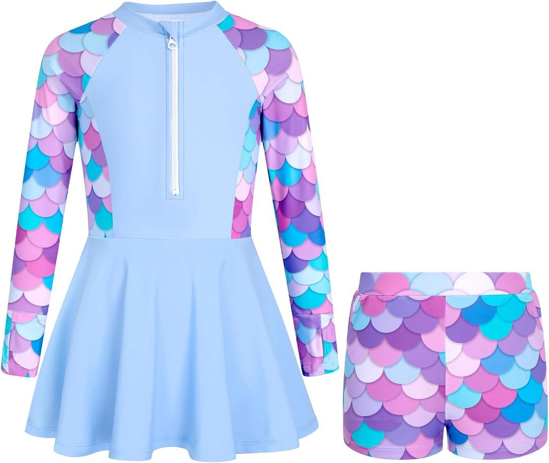 HOZIY Girls Long Sleeve Swimsuit Two Piece Rash Guard Dress with Swim Shorts Front Zip for Kids Tween Teens UPF 50+ 13-14 Years