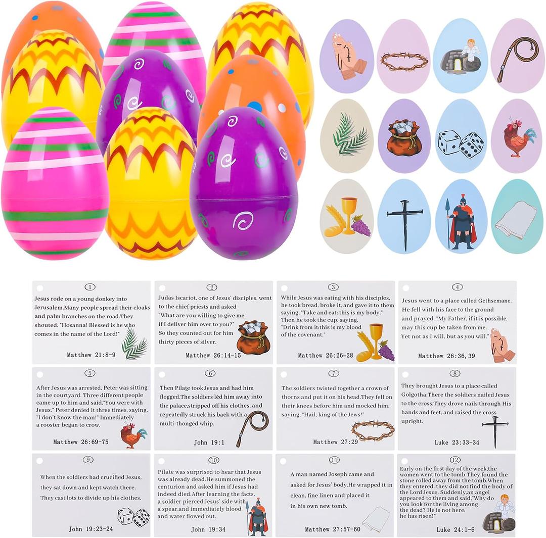 12 Pcs Resurrection Easter Story Eggs with Matching Religious Easter Story Cards Easter Basket Stuffers Fillers Christian Empty Eggs for Easter Decorations Home Party School Activity Decor
