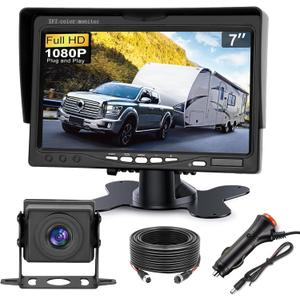 Truck RV Backup Camera with 7 Inch Monitor, AHD 1080P DIY Guide Lines No Delays Waterproof Wired Reverse Rear View Camera System for Car Trailer Camper