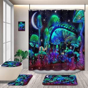 4PCS Blacklight Mushroom Kids Shower Curtain Sets with 12 Hooks, Moon Stars Snails Bathroom Sets Decor with Non-Slip Rugs, Toilet Lid Cover and Bath Mat, 72'' x72''