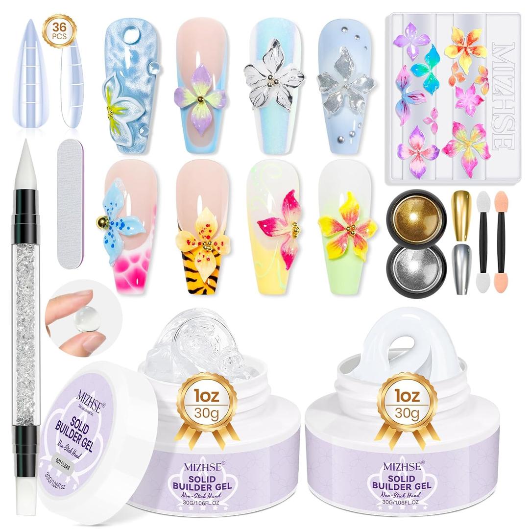 MIZHSE 2Pcs 3D Nail Gel Sculpting Gels, Clear and White Solid Builder Gel for Nails with Silicone Nail Molds Molding Gels 3D Art Non-Sticky Hand UV LED for Nails Salon Home DIY