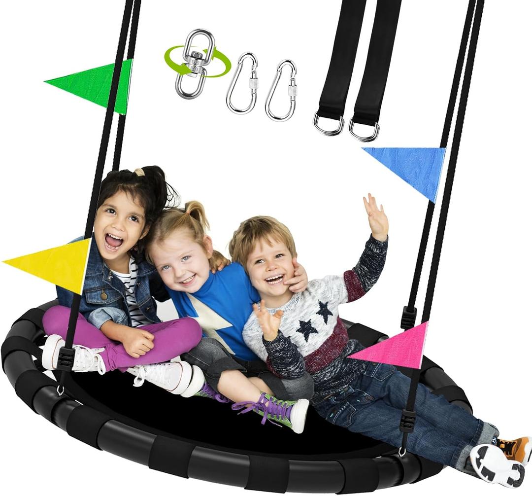 48 Inch Saucer Swing for Kids & Adults, 900lbs Weight Capacity Heavy Duty Tree Swing Sets for Backyard with 2 Hanging Straps, Adjustable Ropes & Center Swivel Spinner, Gifts for Family, Black