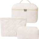 3 Pieces Quilted Cotton Makeup Bag,Large Capacity Cosmetic Organizer for Travel,Portable Cute Toiletry Pouch for Women,Makeup Artists,Organizing Enthusiasts,White Shell (3 Pack,Medium)