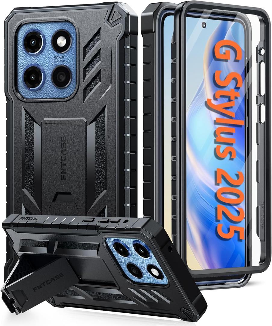 FNTCASE for Motorola Moto G-Stylus-5G-2025 Case: Military Grade Drop Proof Protection Mobile Cover with Kickstand | Matte Textured Rugged Shockproof TPU | Protective Sturdy Phone Case - Black