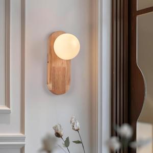 Wall Lights No Plug Wireless Wall Sconces for Bedroom, Wooden Wall Lamps with Globe Glass Lampshade for Living Room, E26 Socket No Bulb(Suggest G45)