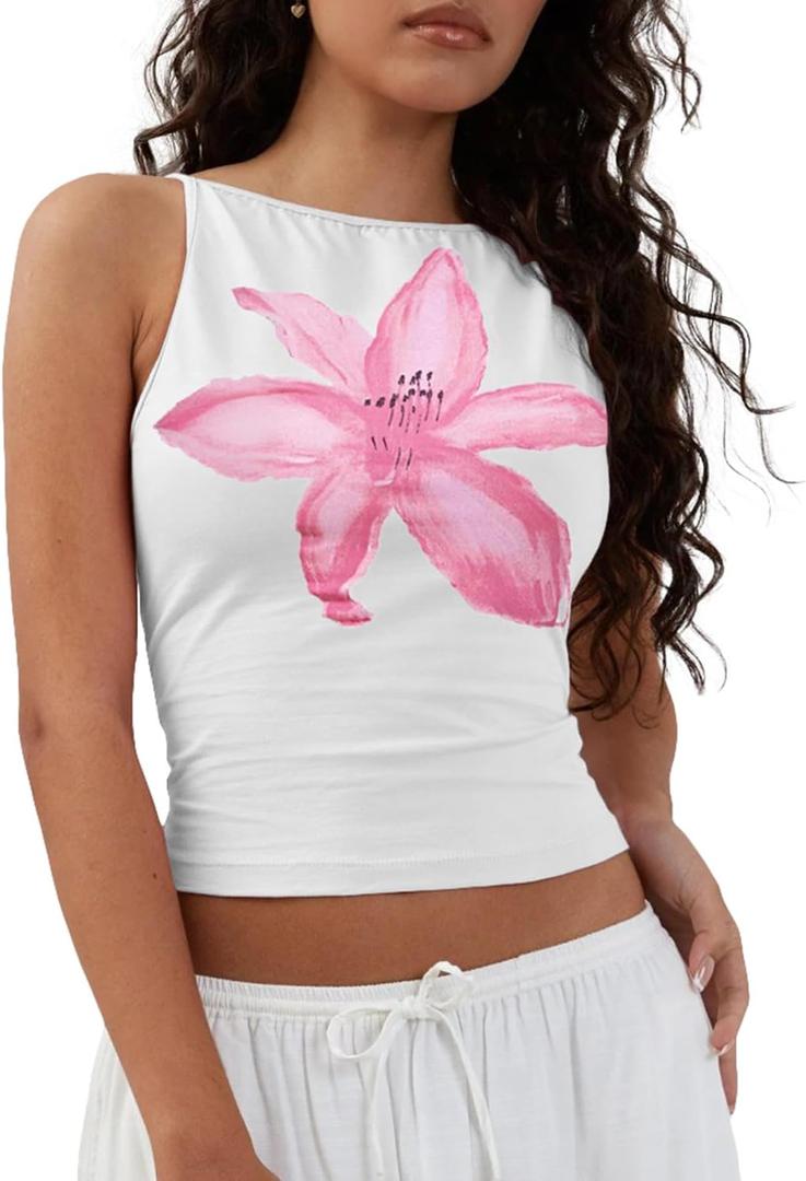 Women Y2k Floral Print Spaghetti Strap Crop Tank Tops Cute Boat Neck Tight Fitted Sleeveless Camisole Going Out (M)
