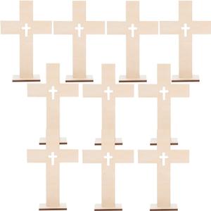 Garneck 10pcs Wooden Crosses for Crafts 6.6inch Unfinished Standing Crosses with Bases Tabletop Small Religious Crucifix Ornaments Catholic Baptism Centerpiece DIY Craft Supplies