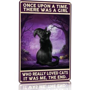 2 x Women Girls Gift Funny Halloween Witch Cat Sign Cat Lovers Once Upon A Time I Pick Up A Black Cat Tin Sign Wall Art for Home Living Room Bedroom Decor 8 x 12 Inches (3139) (Purple)