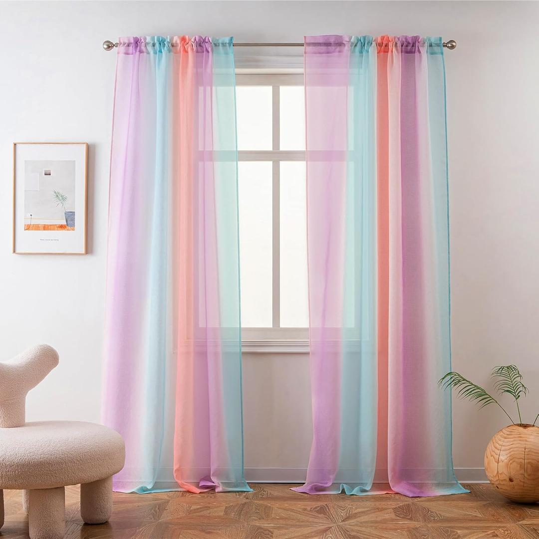 Yancorp Sheer Curtain 2 Panels Semi Bedroom Curtains 63 inches Length Linen Rainbow Ombre Curtains Rod Pocket Drapes Girls Living Room Mermaid Bedroom Nursery Kids Window Decor(Rainbow, 52"x63")