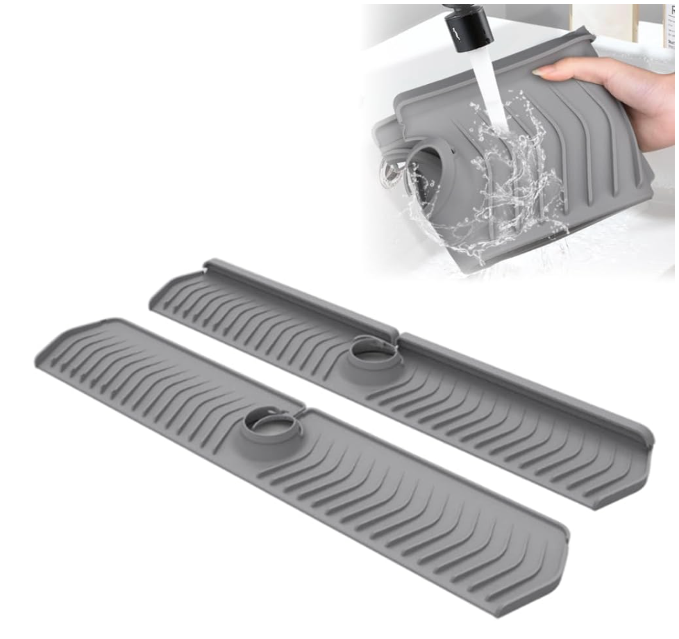 30" Silicone Faucet Mat for Kitchen Sink Splash Guard, Foldable Faucet Draining Pad, Large Sink Splash Guard with Snap Button Lock, Adjustable Countertop Protector Tray (Gray)