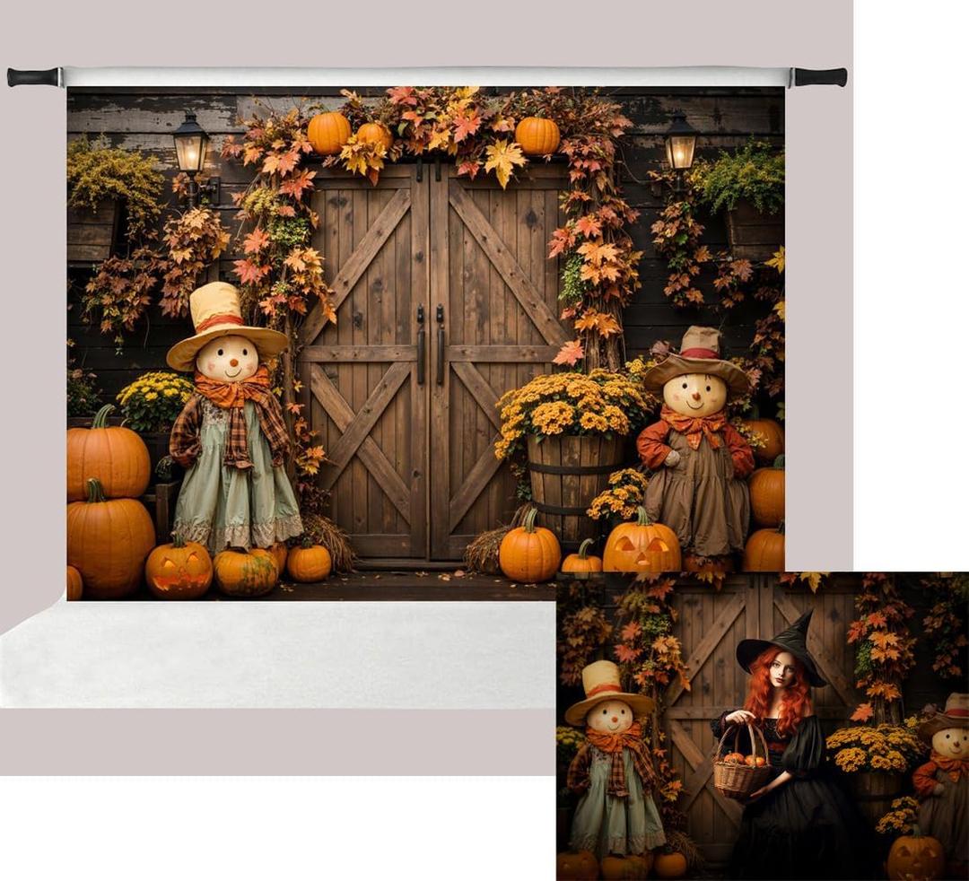 Kate 7x5ft Backyard Wooden Door Pumpkin Decor Photo Backdrops for Photography Autumn Leaves Flowers Puppet Figurine Halloween Photography Background