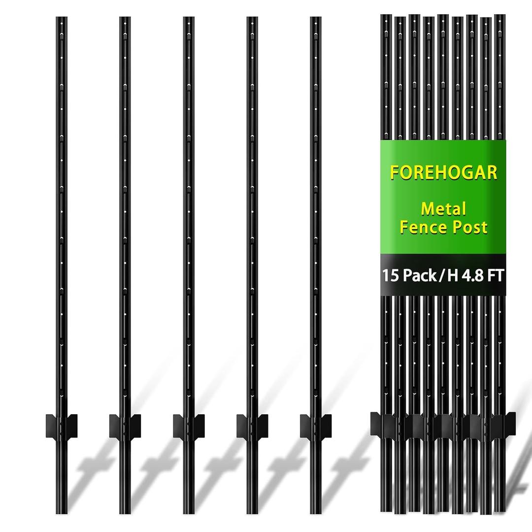 FOREHOGAR Metal Fence Post Black 4.8 Feet, Pack of 15, T Post for Wire Fence, No Dig Steel U Post Fencing for Lawn Garden Wire Mesh Fence Poles Sign Outdoor Light Duty