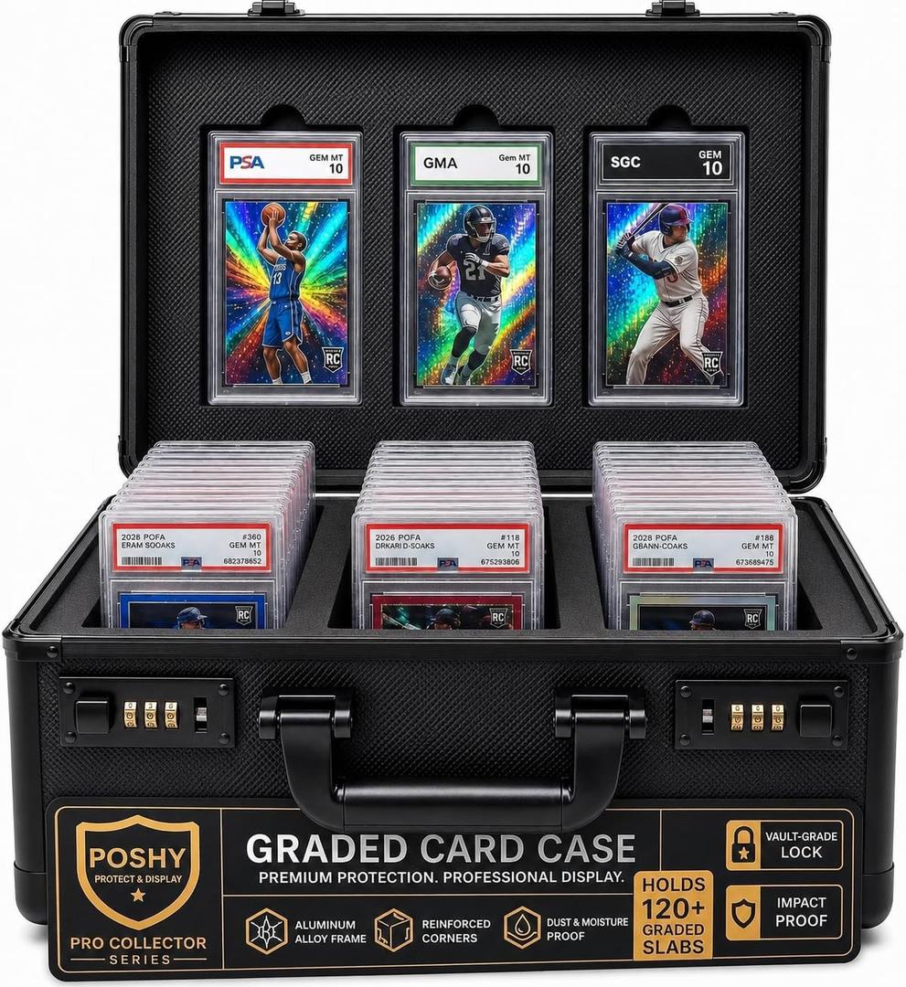 Poshy Graded Card Case with Lock – PSA Slab Case for Sports Cards – 3 Row Graded Card Storage Box with 6 Foam Inserts – Fits PSA, GMA, HGA, NGS, SGC and CSG – Holds up to 480 Top Loaders